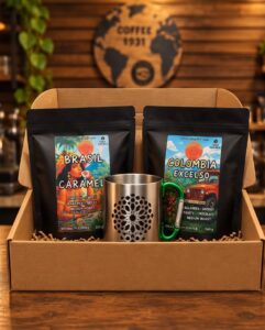 LOTE REGALO (Brasil Caramelo y Colombia excelso + Taza Metálica de Granada)