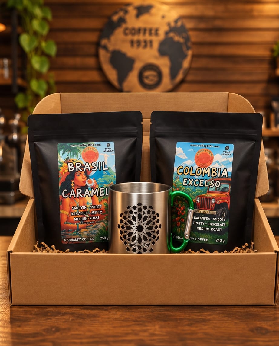 LOTE REGALO (Brasil Caramelo y Colombia excelso + Taza Metálica de Granada)